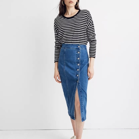 Madewell Stretch Denim Side-Button Midi Skirt - Picture 1 of 7
